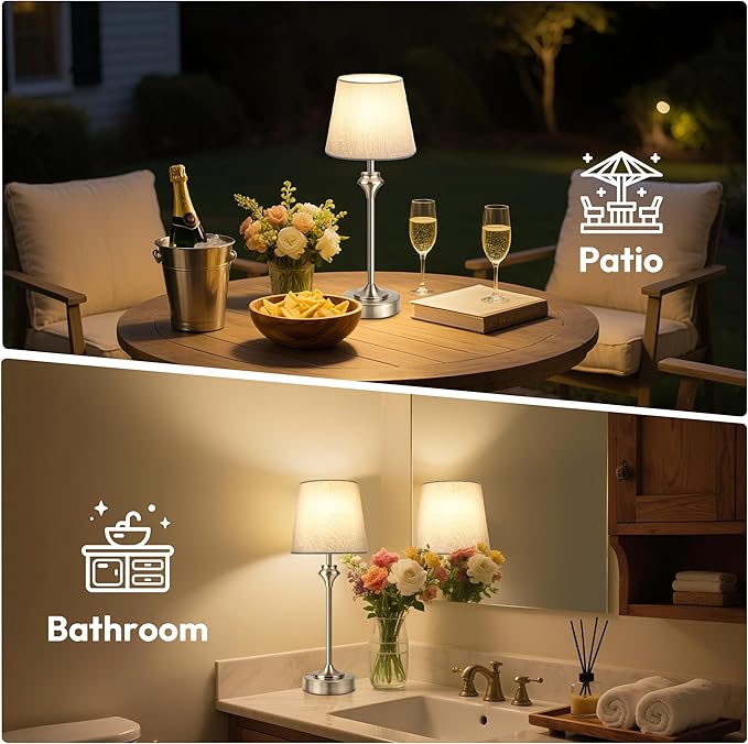 NIORSUN Portables Cordless Table Lamp,Flaxen Fabric Shade Battery Operated Lamp,5200mAh Bedside Table Lamp with Warm White,3 Way Dimmable Touch Desk Lamp for Bedroom Living Room Restaurant (Silver)