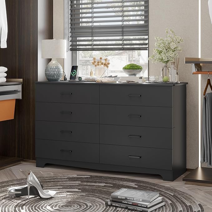 Hasuit 8 Drawer Dresser for Bedroom, Large Chest of Drawers with Charging Station, 55.1'' Wide Storage Clothes Closet Organizer, Long Dresser TV Stand for Living Room, Black