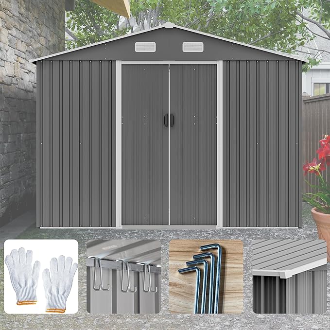 8x6ft Outdoor Metal Storage Shed with Sliding Door, Heavy-Duty Weather Resistant Steel Garden Shed