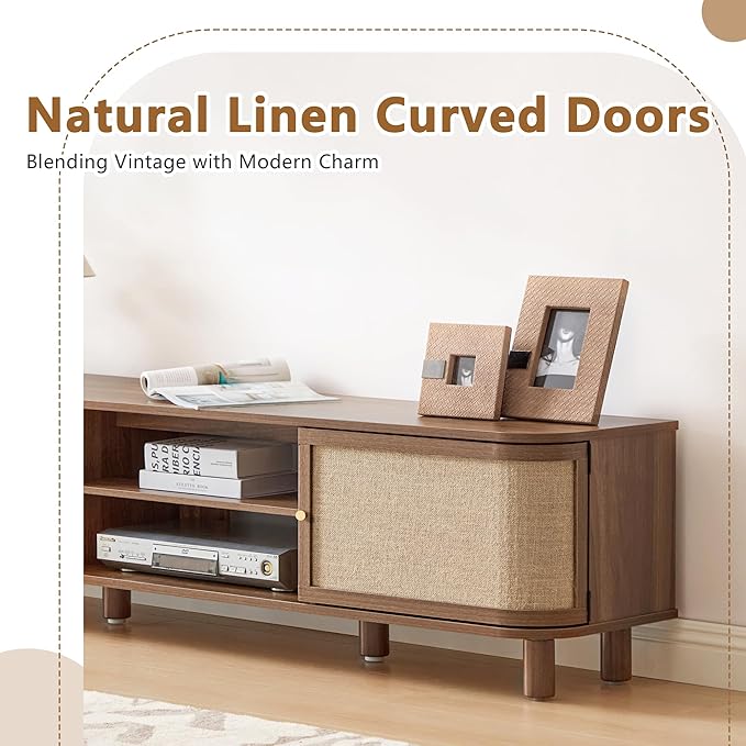 AVZEAR Curved Profile Farmhouse TV Stand for TVs Up to 70 Inches, Mid Century Modern Entertainment Center with Storage & Natural Linen Doors, Large Media Console for Living Room, Bedroom, Walnut