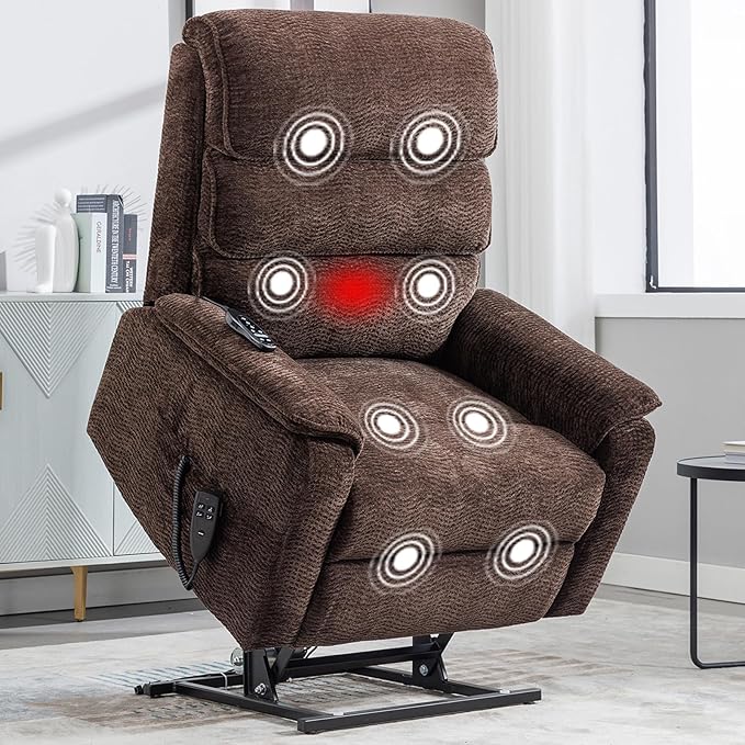 Lay Flat Lift Chair with Heat and Massage, Dual Motor Recliner, Infinite Position, Up to 350 LBS, Dark Brown, Chenille Fabric