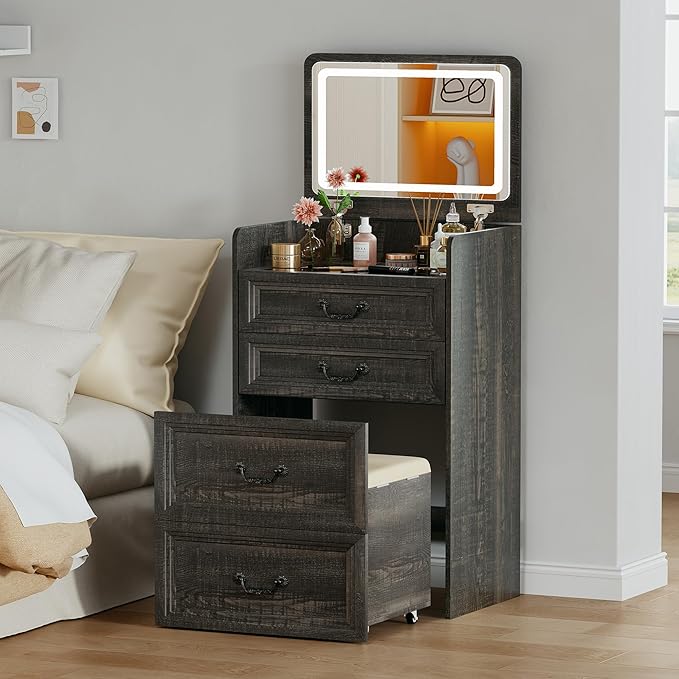Lvifur 3 in 1 Vanity Desk with Flip Top Mirror and 3 Color Lights,Small Compact Vanity with Charging Station,Glass Top Makeup Vanity with 3 Drawers,Rolling Cushioned Stool