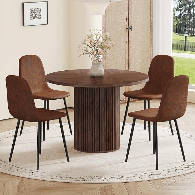 AZmac Round Dining Table Set for 4, Wooden Round Table 5-Piece with Modern Farmhouse Dining Table and 4 Suede Leather Chairs for Kitchen Dining Room, Walnut Table + 4 Brown Chairs