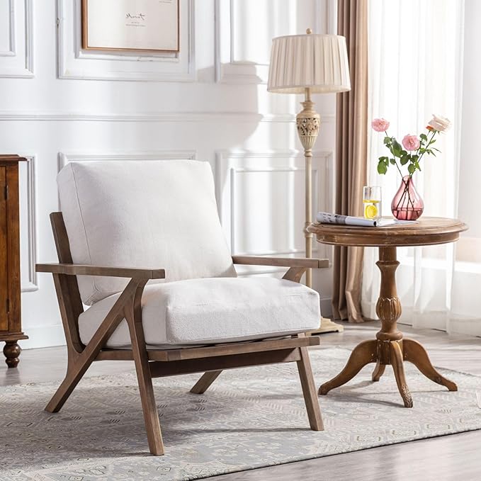 Wahson Mid Century Chair, Upholstered Accent Armchair, with Wood Frame and Removable Linen Cushions, Leisure Slipper Chair for Living Room/Bedroom, Cream