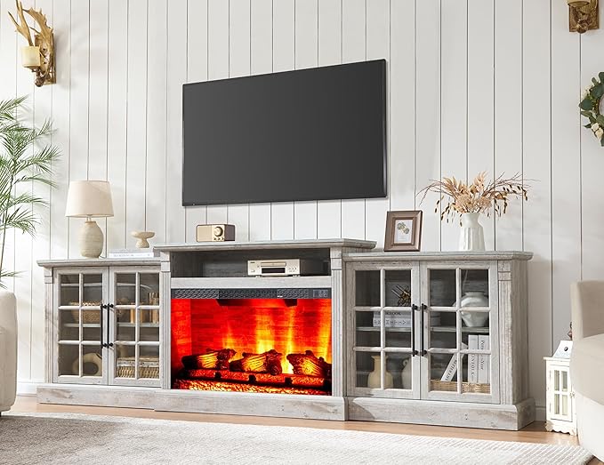 AMERLIFE 97" Farmhouse Fireplace TV Stand, Entertainment Center with Large Storage Space and Adjustable Shelf, Media Console for Living Room, Light Grey