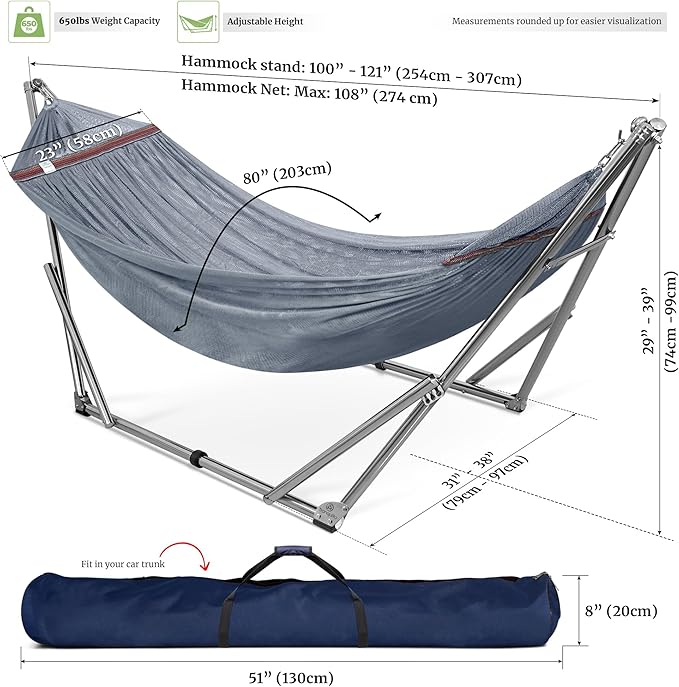 Tranquillo Double Hammock with Stand 650lb Capacity Double Hammock with Spreader Bar, Solid Grade 201 Stainless Steel 30s Set Up, Sturdy Flexible Hammock Stand Portable, Outdoor Indoor, Grey