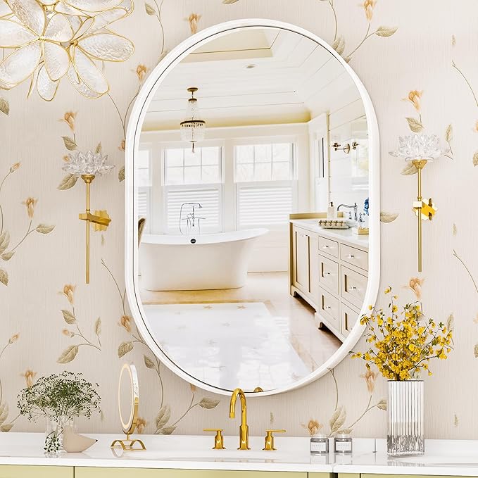 Suidia 20" x 30" Bathroom Mirror, Bathroom Vanity Mirror Metal Framed, Wall-Mounted Mirrors for Bedroom, Living Room, Entryway, Hallway, White, Oval Style