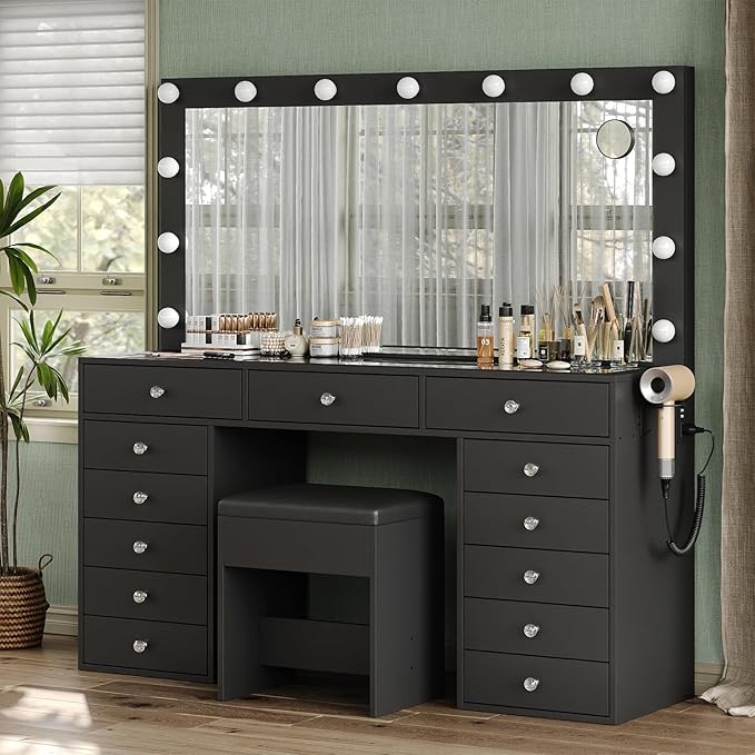 55'' Vanity Desk, Makeup Vanity with Charging Station, 13 Drawers with Lighted Mirror, 3 Lighting Modes, Brightness Adjustable, Glass Top, Vanity Table with Chair for Bedroom, Black
