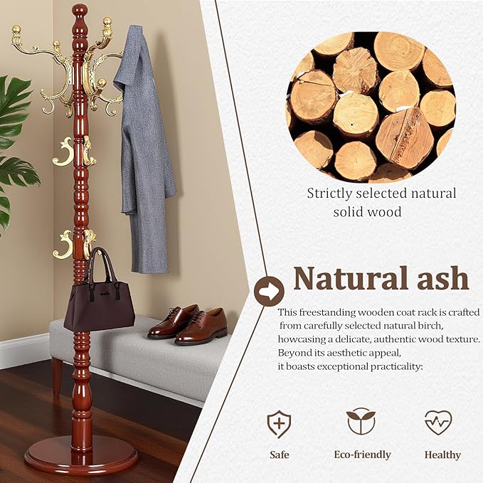 73”Vintage Wooden Coat Rack Freestanding，With 14 Hooks and Sturdy Round Base.Sturdy and Durable Standing Coat Racks，Adjustable Wooden Freestanding Coat Rack for Offices, Porch (Begonia color)