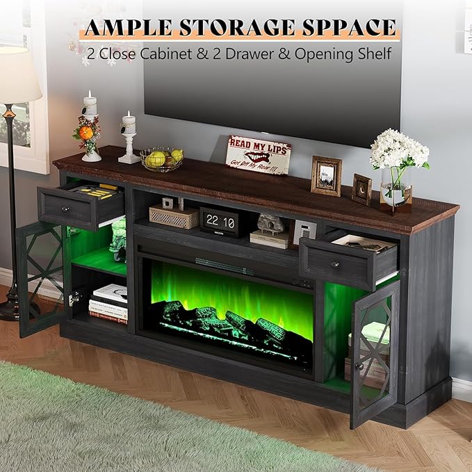 AMERLIFE Farmhouse Fireplace TV Stand with 37" Fireplace, 70" Large LED Media Entertainment Center for 80" TVs, 31" Tall Highboy TV Console Cabinet with Diamond Door for Living Room, Espresso+Gray