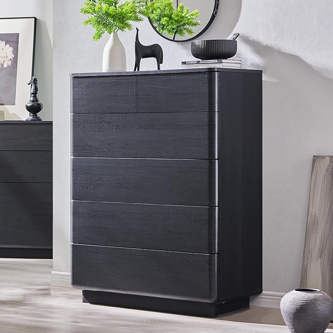 6 Drawer Dresser for Bedroom, 42 Inch Tall Modern Chest of Drawers, Push-to-Open Wood Storgae Organizer with Large Drawers for Bedroom, Living Room, Hallway, Black