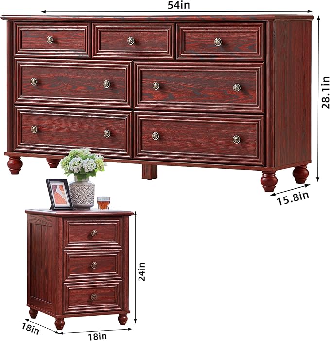 Farmhouse Dressers & Night Stand Set of 3, Wood 54'' Wide Dresser & 18'' Chest of Drawers, Roman Column Nightstand Set of 2, Furniture 7 Drawer Dresser Suites for Bedroom, Living Room, Hallway, Home