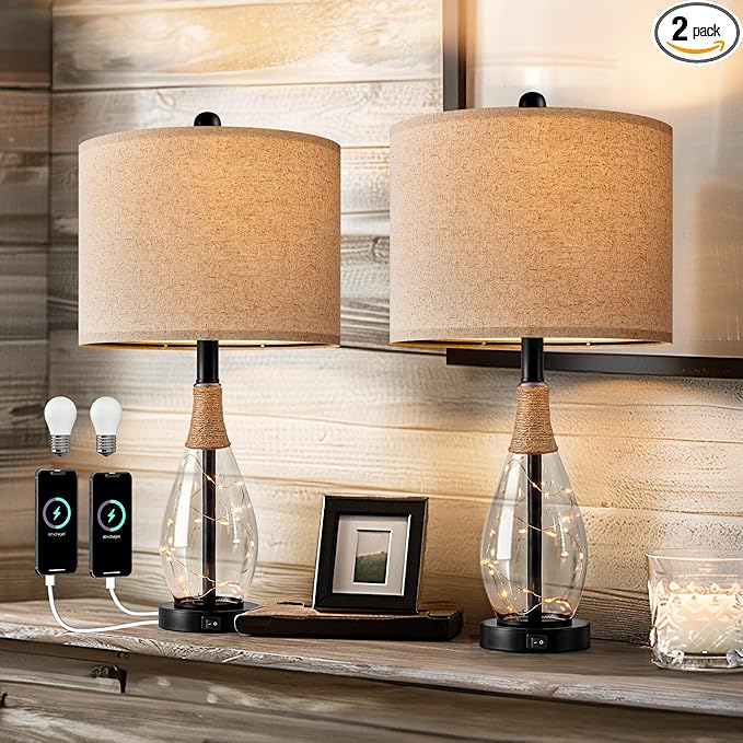 OYEARS 23" Farmhouse Table Lamps for Living Room – Set of 2 Boho Rattan Bedside Lamps with USB-C & USB-A Ports, Glass Nightlight, Dual Light Sources, Black
