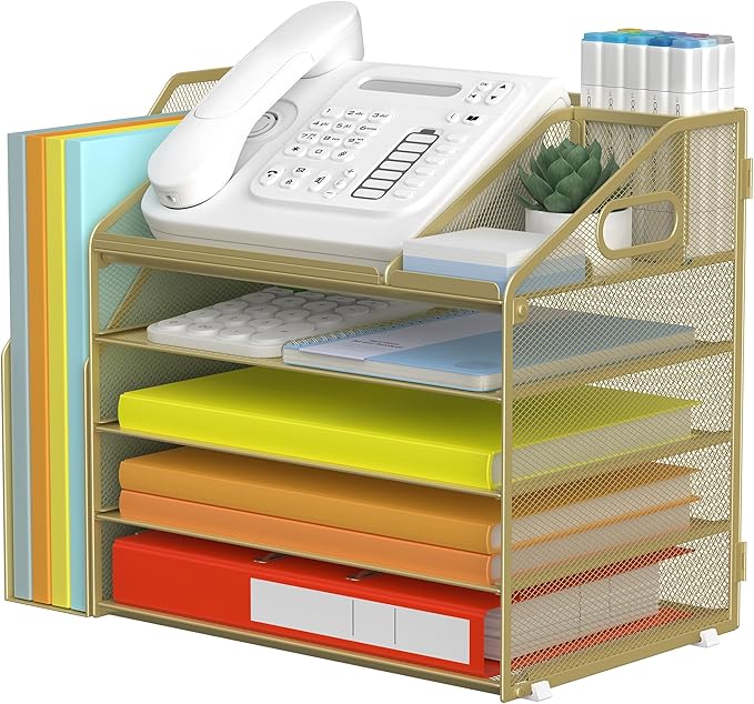 DocNest 5 Tier Paper Letter Tray File Organizer, Mesh Desk File with Handle, Workspace Desk Organizers with Pen Holder, Office Organization Storage Accessories - Gold Yellow