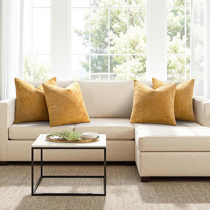 MIULEE Pack of 4 Couch Throw Pillow Covers 18x18 Inch Gold Soft Decorative Chenille Pillow Covers Farmhouse Accent Cushion Covers for Boho Home Decor Sofa Bedroom Living Room