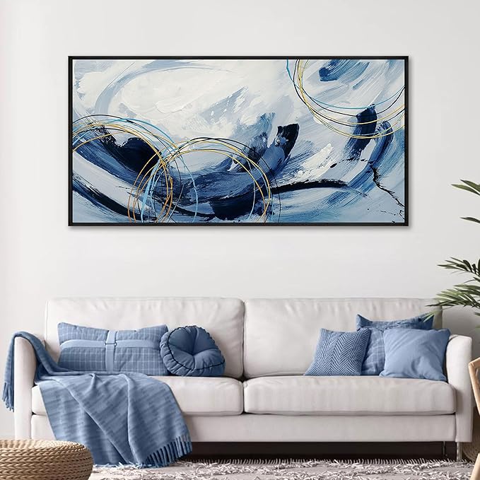 yiijeah Wall Art for Living Room - Navy Blue Large Canvas Wall Art for Farmhouse Wall Decor Abstract Paintings Modern Framed Artwork for Walls Blue and White Bedroom Office Contempor Decoration