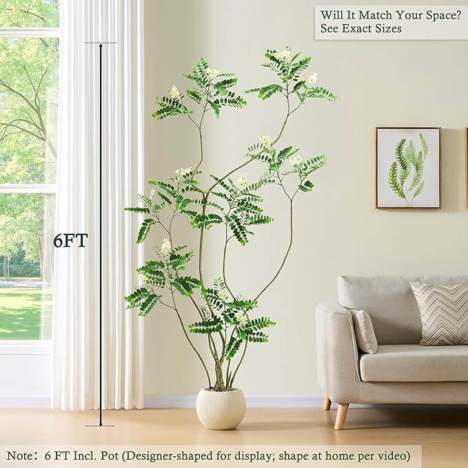 Artificial Locust Tree：6FT Faux Black Locust Floor Plant with White Flowers Small Round Silk Leaves & Elegant Branches in Beige Ribbed Planter for Indoor Home Office Decor Hotel Patio Studio