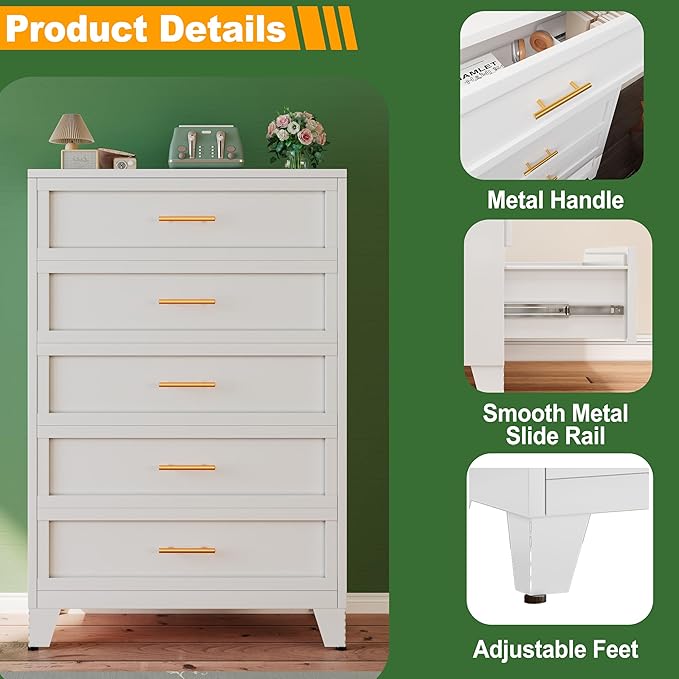 Metal Dresser Tall White Dresser for Bedroom Chest,53.54" H White Drawer Chest, Closet Dressers & Chests of Drawers for Living Room, Hallway (5 Drawers)