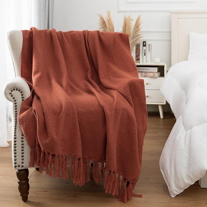 Gealaek Fall Throw Blanket Lightweight Fuzzy Soft Cozy Decorative Blankets for Sofa Bed Farmhouse Throw Blanket Burnt Orange with Fringe 50" x 60"