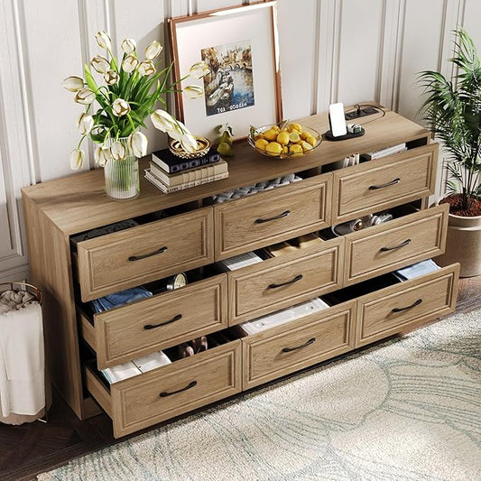 Fameill Dresser for Bedroom, 9 Drawer Wide Dresser Organizer with Charging Station, Tall Dresser for Hallway, Wood Dresser with Metal Handles, Oak