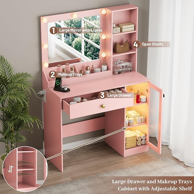 Makeup Vanity with Mirror and Lights, 34'' Wide Dressing Table with Charging Station & RGB Glass Cabinet, Small Vanity Desk with 3 Color Lighting Modes & Adjustable Brightness, Pink
