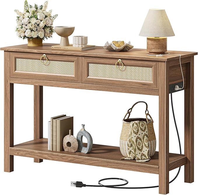 SUPERJARE Rattan Console Sofa Table with Outlets and USB-C Port, 2 Drawer Entryway Table with Synthetic Rattan Surface, 39 Inch, Open Shelf, Behind Couch Entry Foyer Hallway Storage, Brown