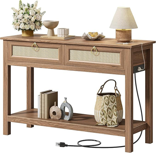 SUPERJARE Rattan Console Sofa Table with Outlets and USB-C Port, 2 Drawer Entryway Table with Synthetic Rattan Surface, 39 Inch, Open Shelf, Behind Couch Entry Foyer Hallway Storage, Brown
