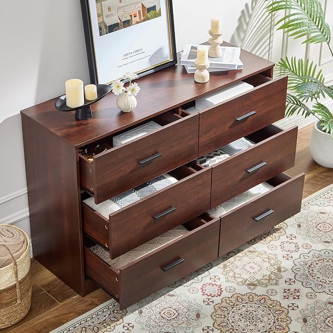 LIDYUK Dresser for Bedroom, Wood Dresser with 6 Drawers, Modern Minimalist Style Dressers & Chests of Drawers, 48 Inches Wide Chest of Drawers for Bedroom, Hallway, Living Room, Dark Cherry