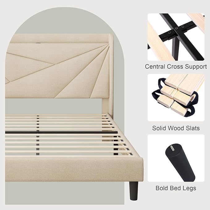 Feonase Queen Size Bed Frame with Charging Station, Linen Upholstered Platform Bed Frame with Wingback Storage Headboard, Solid Wood Slats Support, No Box Spring Needed, Noise Free, Beige