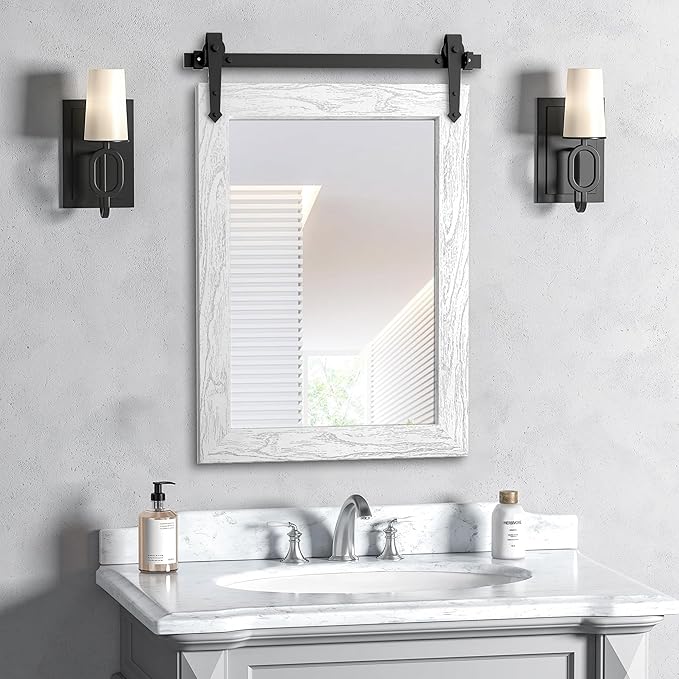 Bathroom Mirror for Over Sink 18”x24” Farmhouse Barn Door Mirror Rustic Wood Framed Wall Mirror for Bathroom, Bedroom, Entryway (White