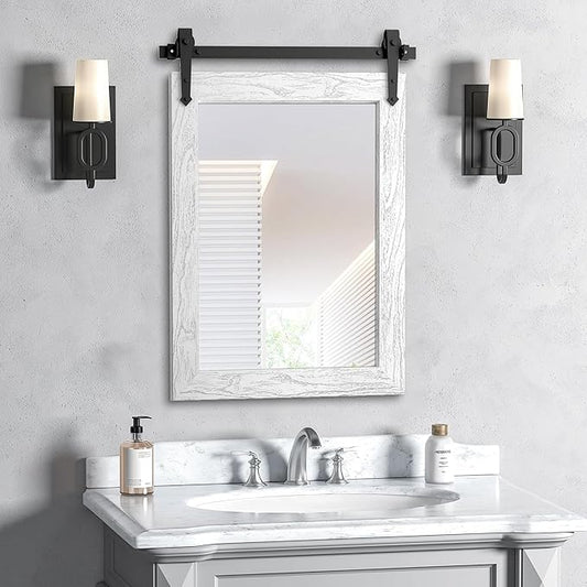 Bathroom Mirror for Over Sink 18”x24” Farmhouse Barn Door Mirror Rustic Wood Framed Wall Mirror for Bathroom, Bedroom, Entryway (White