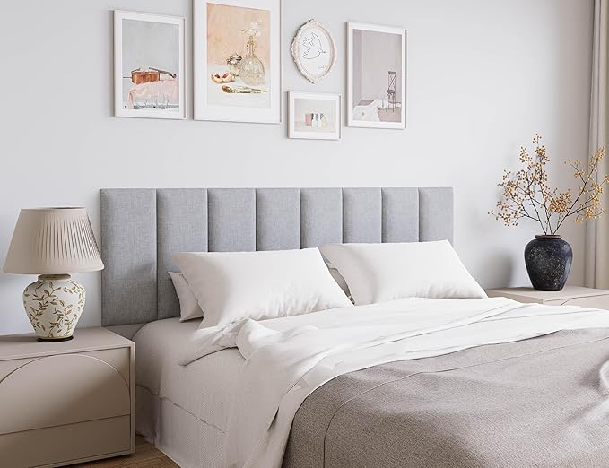 9-Pack Queen Size Upholstered Headboard Panels, Wall Mounted Peel and Stick Backboard for Interior Wall Decor, Bed Headboard Queen Size, Tufted Style, 10"x24" Each, Light Grey