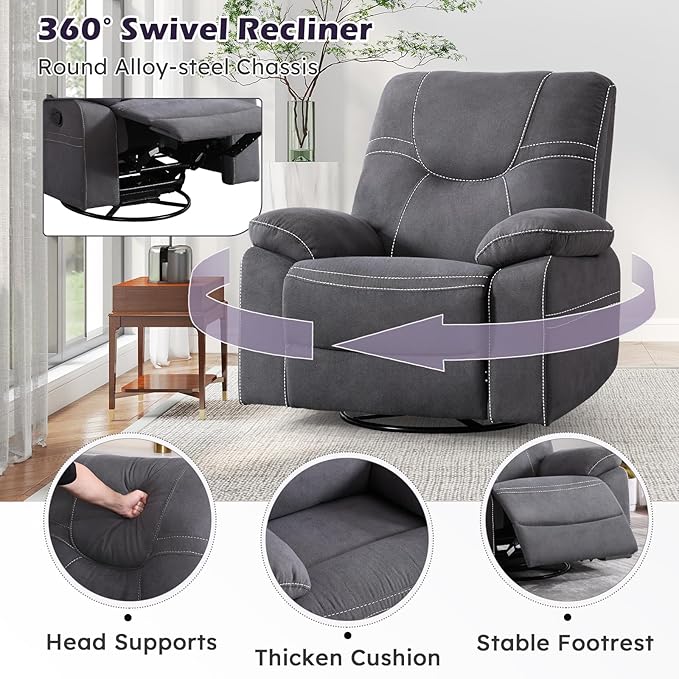 ANJ Oversized Swivel Rocker Recliner Chair for Adults, Manual Rocking Recliner Glider Recliner Nursery Chair Clearance with Decorative Stitching Soft Fabric Thick Cushion for Living Room Bedroom