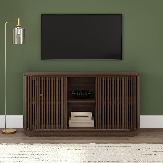 Plank+Beam Contour Wood TV Stand, Two Door Solid Wood Entertainment Console with Storage, 59" L x 16" W x 30" H, Walnut