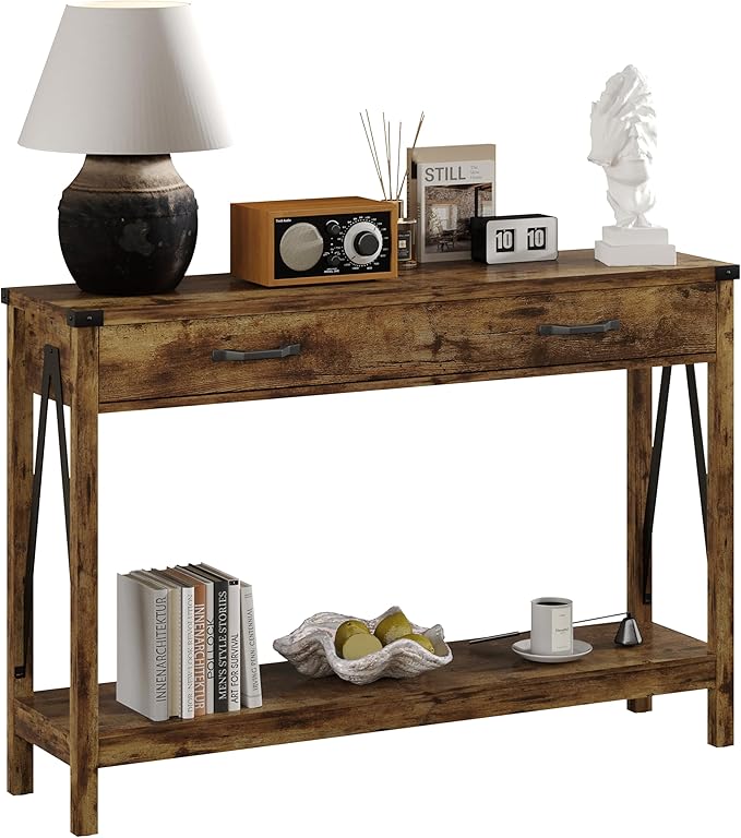 ChooChoo 47'' Farmhouse Console Table with Drawer, Entryway Table with Storage Shelf, Rustic A-Design Sofa Table for Hallway, Entrance, Living Room, Rustic Brown