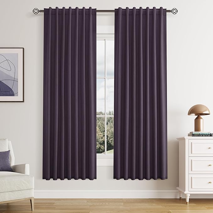 Guken Blackout Curtains 72 Inch Length 2 Panels Set for Living Room Bedroom Back Tab Thermal Insulated 100% Black Out Linen Drapes Room Darkening Window Curtains 72 Inches Long,Plum