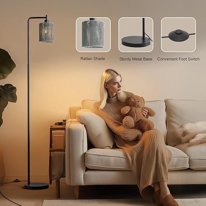 Oneach 66" Black Floor Lamp for Living Room, Boho Floor Lamp with LED Bulb, Foot Switch, Gray Rattan Shade, Industrial Tall Farmhouse Standing Lamp for Bedroom, Dining Room, Study Room, Office