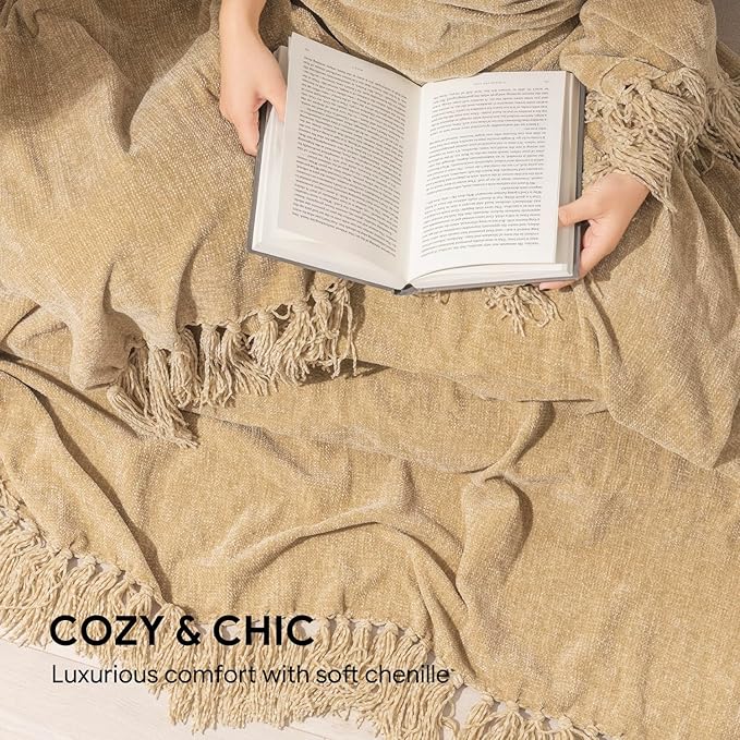 RECYCO Throw Blanket Soft Cozy Chenille Throw Blanket with Fringe Tassel for Couch Sofa Chair Bed Living Room Gift (Beige, 50" x 60")