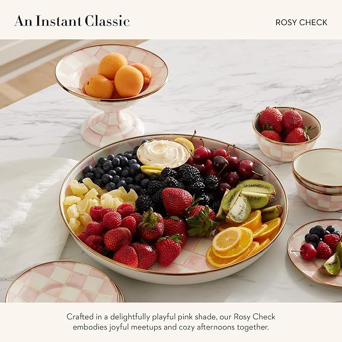 MACKENZIE-CHILDS Enamel Pinch Bowl, Small Bowl for Kitchen Ingredients, 1.5-Cup Capacity, Pink-and-White Rosy Check