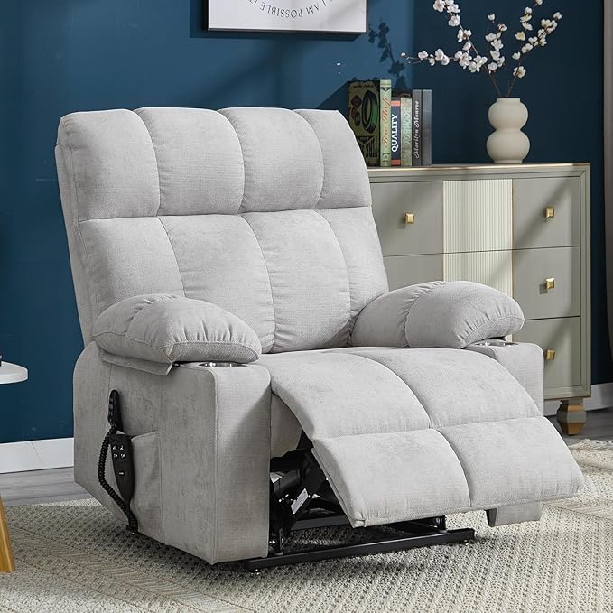 Dual Motor Power Lift Chairs for Elderly, Electric Lay Flat Recliner Chair with Vibration Massage Heat, Extra Wide Recliner Chair for Living Room with Cup Holders, Chenille Fabric - Beige