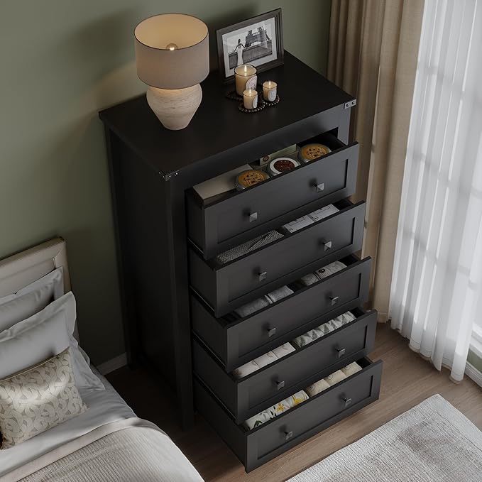 Tall 5-Drawer Dresser, Modern Wooden Storage Chest of Drawers, Dresser TV Stand, Wood Drawer Organizer with Metal Handles for Bedroom, Living Room, Hallway