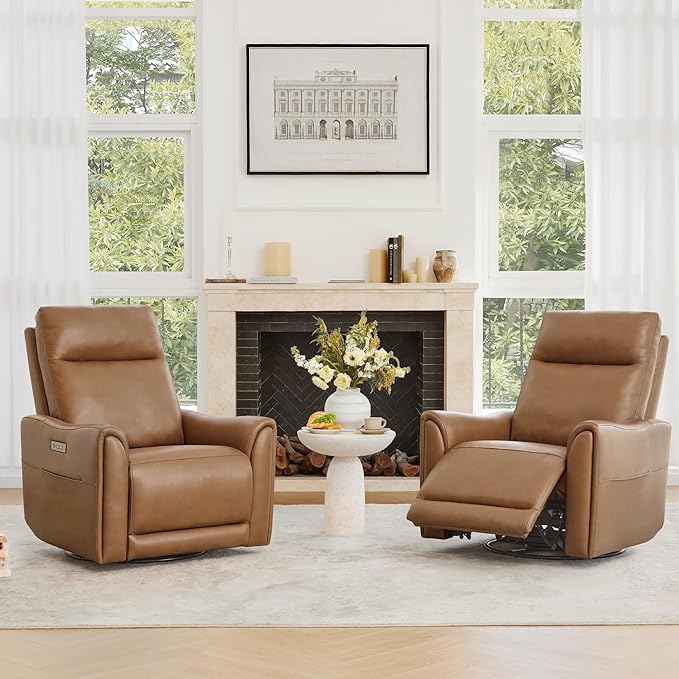 Watson & Whitely Genuine Leather Power Recliner Chairs for Adults, Swivel Glider Recliner Chair for Living Room with Charging Ports, Saddle