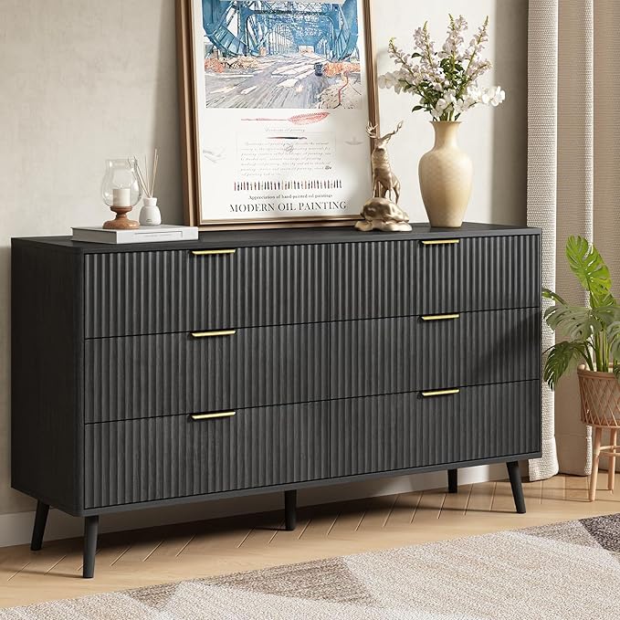 CARPETNAL Fluted 6 Double Drawers Dresser for Bedroom, 55”Wide Modern Chest of Drawers with Deep Drawers,Curved Profile Design, Wood Drawer Organizer for Living Room, Hallway, Black