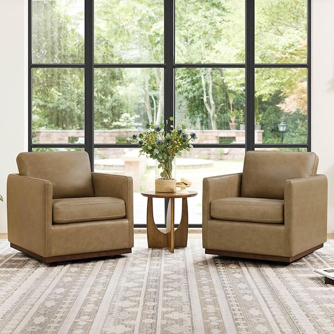 CHITA Genuine Leather Swivel Accent Chair, FSC Certified Mid Century Modern Arm Chair for Living Room and Bedroom, Fully Assembled, Mocha