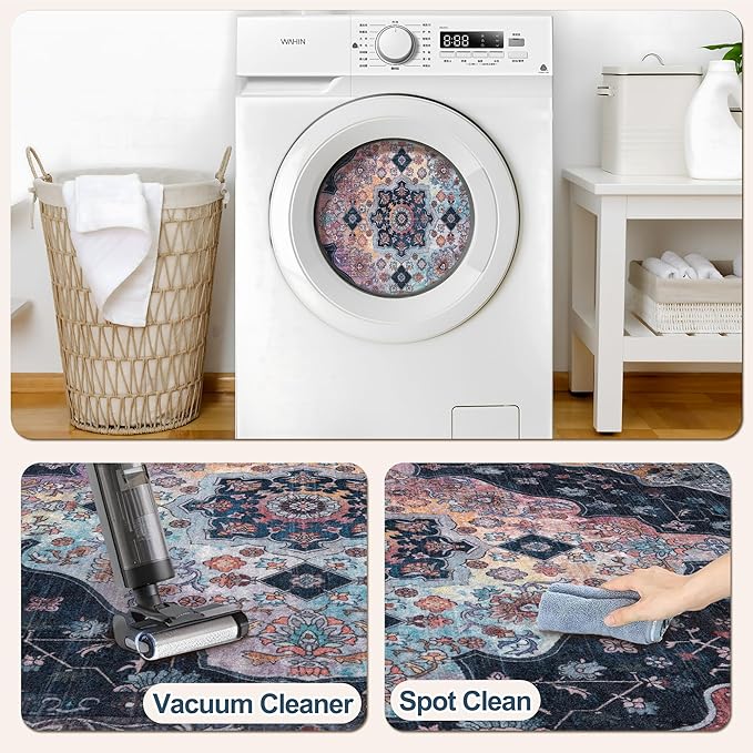 Tangsoo 2x6 Washable Runner Rug for Hallways, Non Slip Vintage Runner, Soft Low Pile Long Rug Runner, Print Distressed Navy/Mlulti Carpet Runners for Kitchen Bedroom Entryway Bathroom Living Room