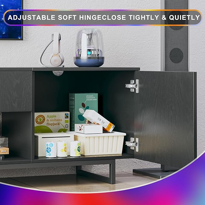 TV Stand for 75 inch TV, Entertainment Center with LED Light, Modern Wood TV Console with Texture Entertainment Stand with Highlight Storage Cabinet for TVs Up to 70-80" Black