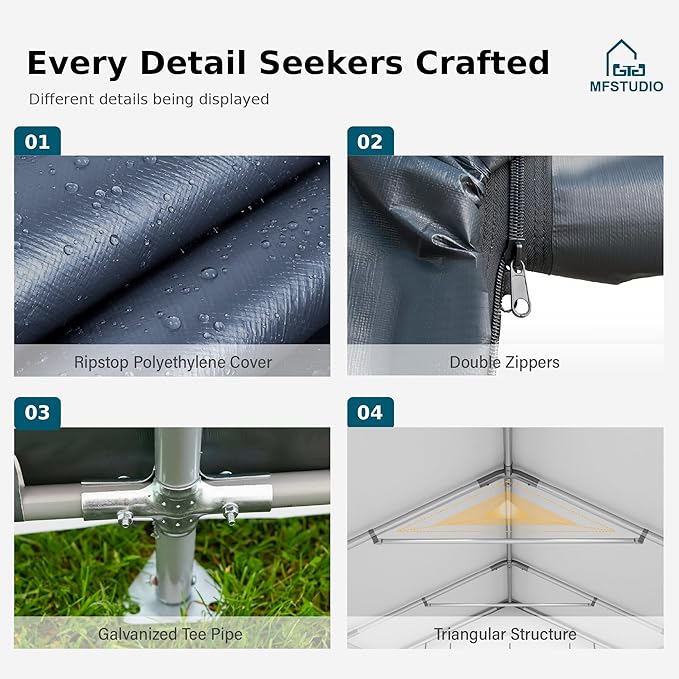 MFSTUDIO Outdoor Storage Sheds 10x15 ft, Portable Carport Shelter Garages Heavy Duty Canopy with Rolled up Zipper Doors, Outside Utility Shed Garage Tent for Patio Furniture, Vehicles and Tools