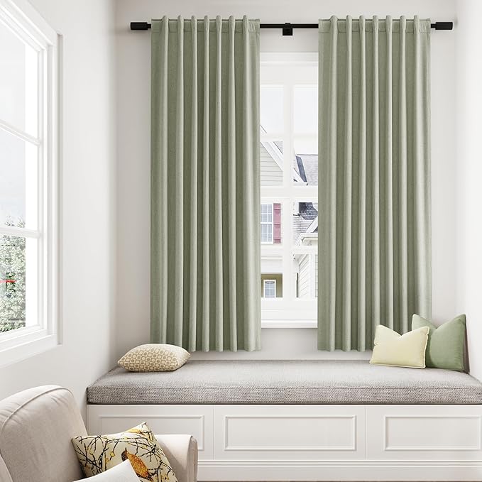 Sage Green Linen Blackout Curtains 63 Inch Length 2 Panels Set for Living Room Bedroom Back Tab Thermal Insulated 100% Black Out Linen Drapes Room Darkening Window Curtains 63 Inches Long
