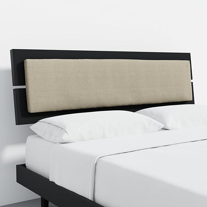 HavenWood Modern Solid Wood Platform Bed with Adjustable Headboard with Cushion – No Box Spring Needed,Fast Assembly – Queen Size in Black