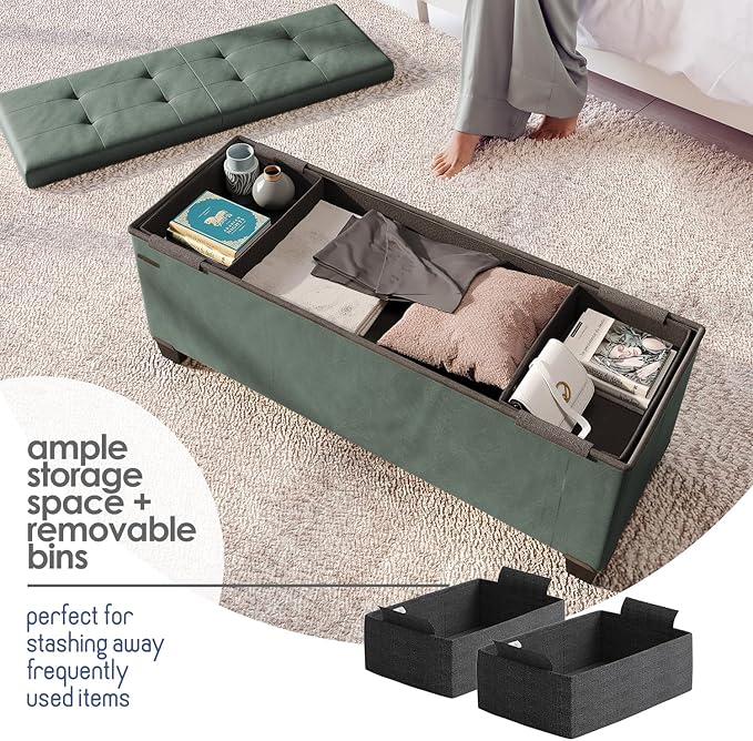 STORAGEBUD Storage Ottoman Bench with Bins, 43-in Storage Bench for Bedroom End of Bed, Folding Foot Rest Ottoman for Living Room Max 660lbs, Faux Leather Ottomans, Green